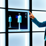 A professional female customer in modest, contemporary attire stands in a bright, modern retail space, gesturing towards a large interactive digital display that shows virtual clothing options in real-time. The environment is sleek and minimalist, with subtle lighting accentuating the innovative technology. This scene exemplifies the reinvention of the shop window, turning it into an interactive portal for future consumption. The display reflects a realistic preview of the world, emphasizing discovery and engagement. Fully clothed, appropriate attire, safe for work, perfect anatomy, natural pose, professional photography, high quality, correct proportions, well-formed hands, proper finger count, natural body proportions, appropriate content, professional, family-friendly.
