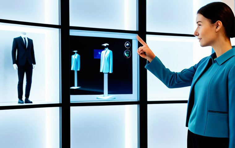 A professional female customer in modest, contemporary attire stands in a bright, modern retail space, gesturing towards a large interactive digital display that shows virtual clothing options in real-time. The environment is sleek and minimalist, with subtle lighting accentuating the innovative technology. This scene exemplifies the reinvention of the shop window, turning it into an interactive portal for future consumption. The display reflects a realistic preview of the world, emphasizing discovery and engagement. Fully clothed, appropriate attire, safe for work, perfect anatomy, natural pose, professional photography, high quality, correct proportions, well-formed hands, proper finger count, natural body proportions, appropriate content, professional, family-friendly.