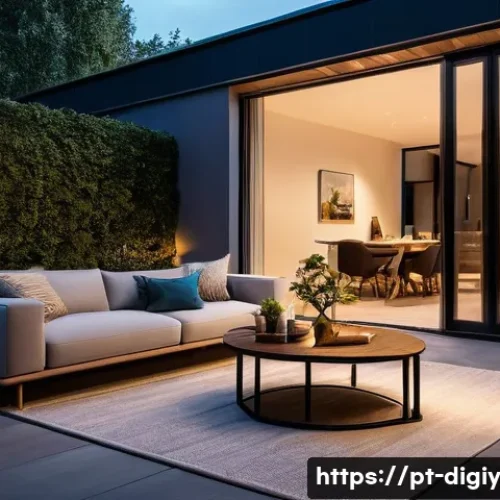 디지털 물리적 공간 통합의 다양한 측면 - **Prompt 1: "A cozy and modern living room at dusk, bathed in warm, soft light from smart home light...