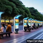 디지털 물리적 공간 통합의 윤리적 측면 - A futuristic urban park in São Paulo at dusk, featuring diverse people interacting with smart city t...