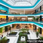 Home 19 디지털 물리적 공간 통합을 위한 소프트웨어 솔루션 - A modern Brazilian shopping mall interior featuring smart IoT technology: sensors on ceilings adjust...