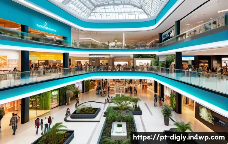 디지털 물리적 공간 통합을 위한 소프트웨어 솔루션 - A modern Brazilian shopping mall interior featuring smart IoT technology: sensors on ceilings adjust...