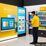 Home 18 디지털 물리적 공간 통합의 실용적 접근법 - A modern retail store interior blending digital and physical elements: customers using interactive t...