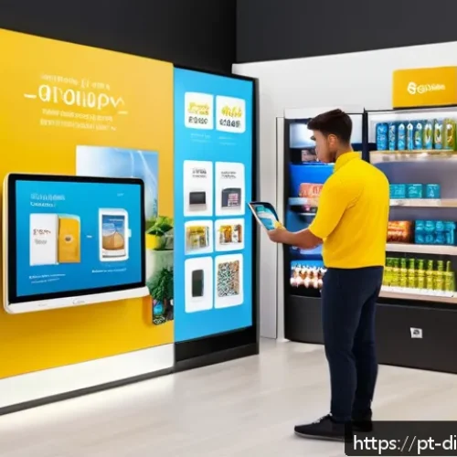 Home 30 디지털 물리적 공간 통합의 실용적 접근법 - A modern retail store interior blending digital and physical elements: customers using interactive t...