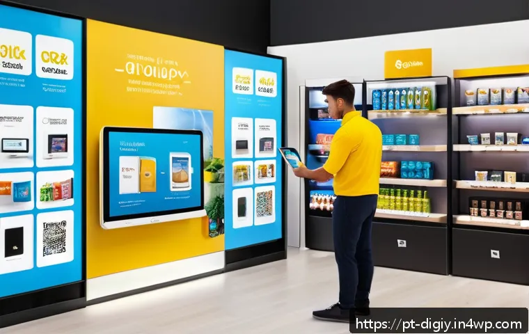 디지털 물리적 공간 통합의 실용적 접근법 - A modern retail store interior blending digital and physical elements: customers using interactive t...