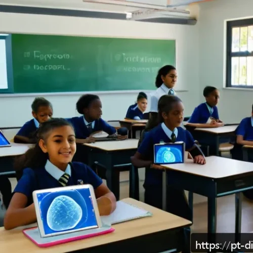 Home 17 디지털 물리적 공간 통합을 위한 교육 프로그램 - A modern classroom scene in Brazil featuring diverse students using augmented reality tablets to exp...