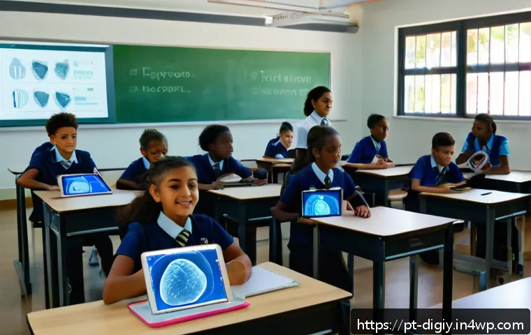 디지털 물리적 공간 통합을 위한 교육 프로그램 - A modern classroom scene in Brazil featuring diverse students using augmented reality tablets to exp...