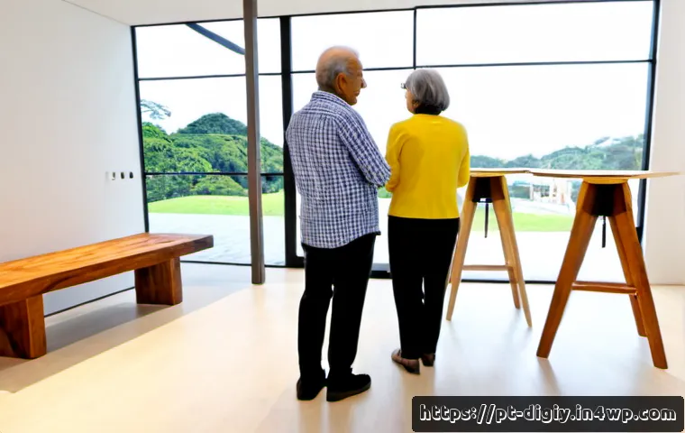 Home 17 물리적 공간과 디지털 기술의 융합을 통한 시너지 효과 - Photorealistic modern Brazilian retail showroom in São Paulo, an older couple examining a handcrafte...